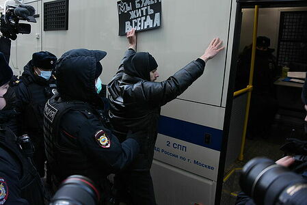 Detention of a picketer near the court building, where a hearing on the case on the liquidation of the human rights society Memorial is taking place