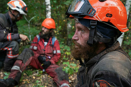Volunteer firefighters after extinguishing a peat bog