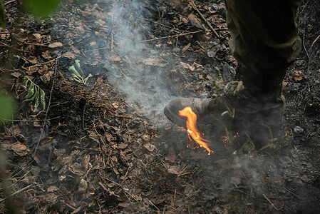 Small flashes of fire at the edge are trampled under foot